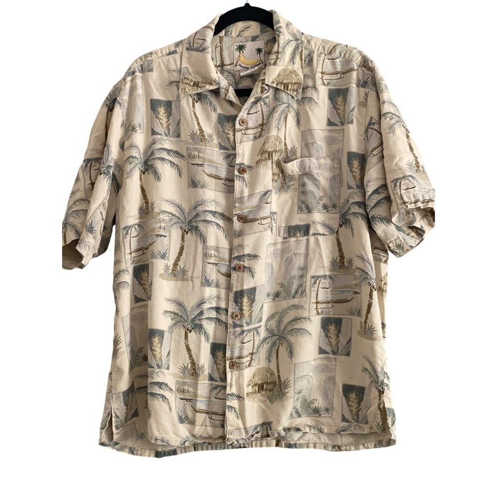 VTG Banana Cabana Shirt SS Hawaiian Palm Tree Cream Blue Button Front Chest L